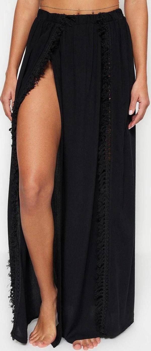 Moda Yırtmaçlı Düz Desen Plaj Maxi Boy Haki Maxi Dokuma Püsküllü Etek - Image 1