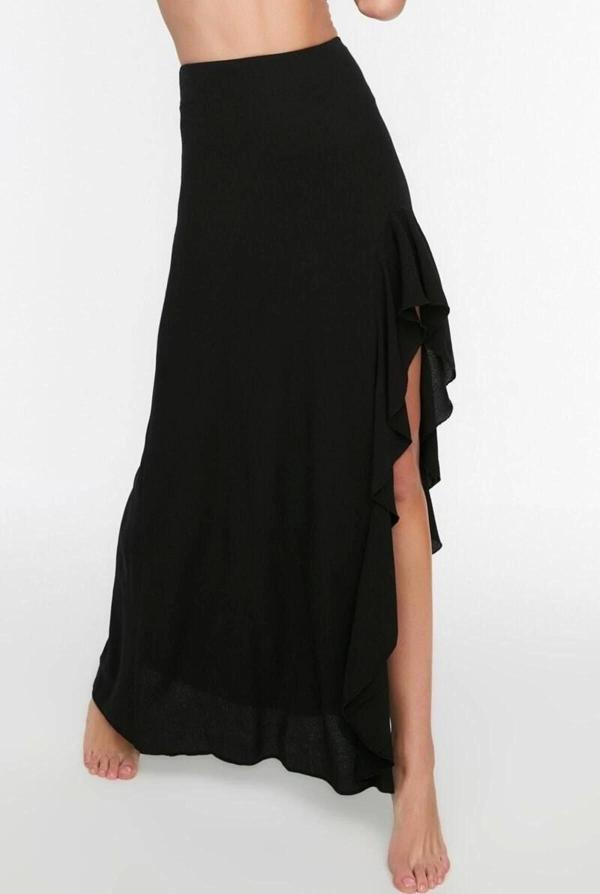 Moda Yırtmaçlı Düz Desen Plaj Maxi Boy Maxi Dokuma Volanlı Etek - Image 1