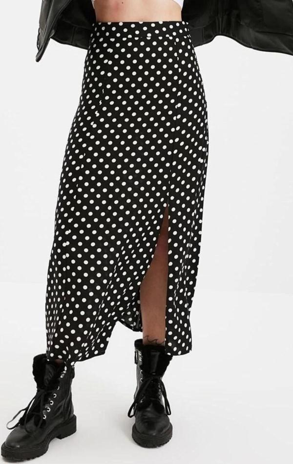 Moda A-line Puantiyeli Desen Günlük Midi Boy Puantiyeli Yırtmaç Detaylı Viskon Midi Dokuma Etek - Image 1