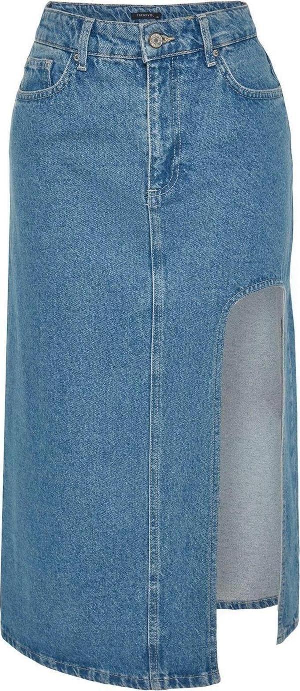 Moda Denim Düz Desen Günlük Maxi Boy Yırtmaçlı Midi Denim Etek - Image 1