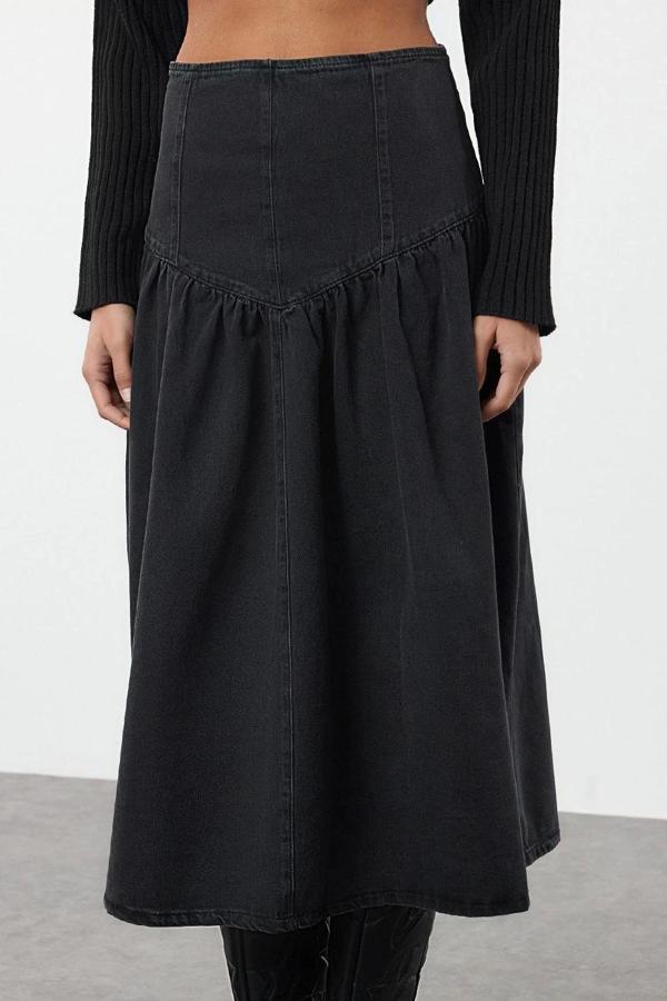 Moda Regular Düz Desen Günlük Midi Denim Etek - Image 1