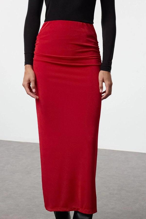 Moda Regular Günlük Maxi Boy Premium Parlak Yüzeyli ve Yumuşak Dokulu Drapeli Maxi Örme Etek - Image 1