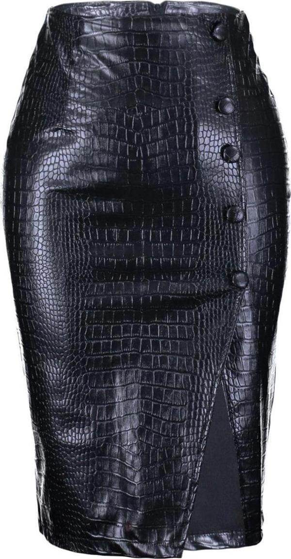 Moda Kalem Düz Desen Şık Gece Midi Boy Suni Yılan Derisi Yırtmaç Detaylı Midi Dokuma Etek - Image 1