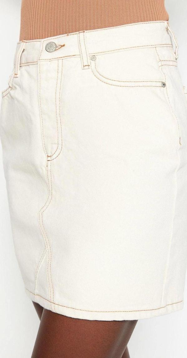 Moda A-line Düz Desen Günlük Mini Boy Basic Düz Yüksek Bel Denim Etek - Image 1