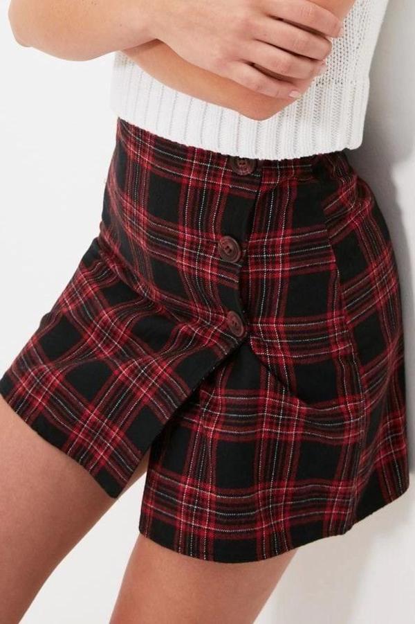 Moda Anvelop Ekose Desen Günlük Mini Boy Kruvaze Ekose Desenli Mini Dokuma Etek - Image 1