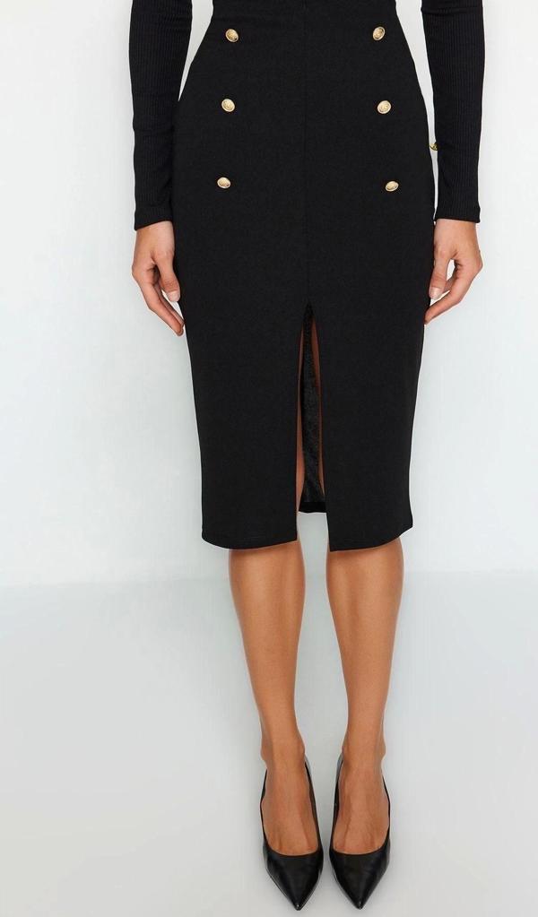 Moda Slim Fit Düz Desen Gündüz Gece Midi Boy Smart Krep Düğmeli Midi Yırtmaçlı Esnek Örme Etek - Image 1