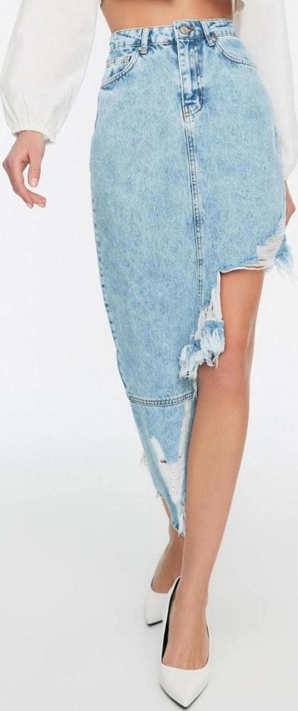 Moda Asimetrik Düz Desen Günlük Midi Boy Püsküllü Asimetrik Midi Denim Etek - Image 1
