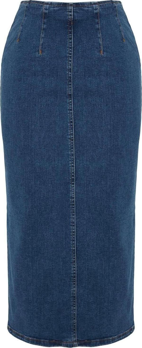 Moda Regular Düz Desen Günlük Midi Boy Dikiş Detaylı Midi Kalem Denim Etek - Image 1