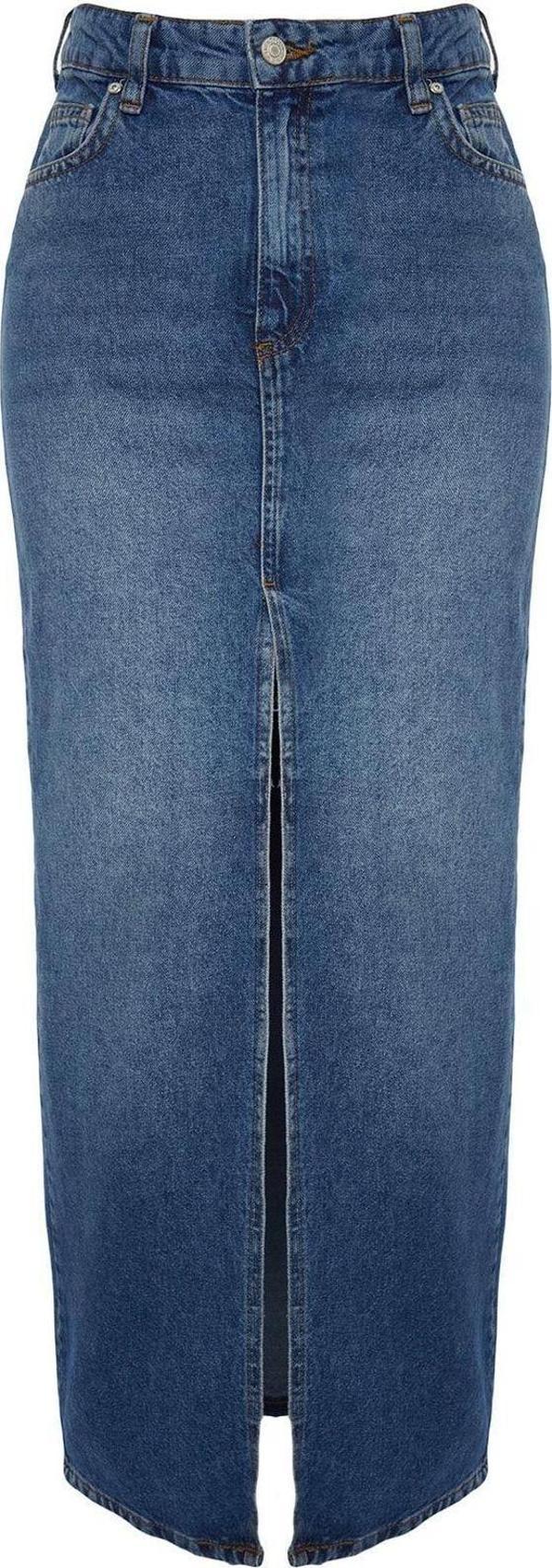 Moda Regular Düz Desen Günlük Maxi Boy Yırtmaçlı Maxi Denim Etek - Image 1