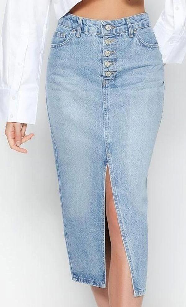 Moda Regular Düz Desen Günlük Midi Boy Önden Düğmeli Yırtmaçlı Midi Denim Etek - Image 1