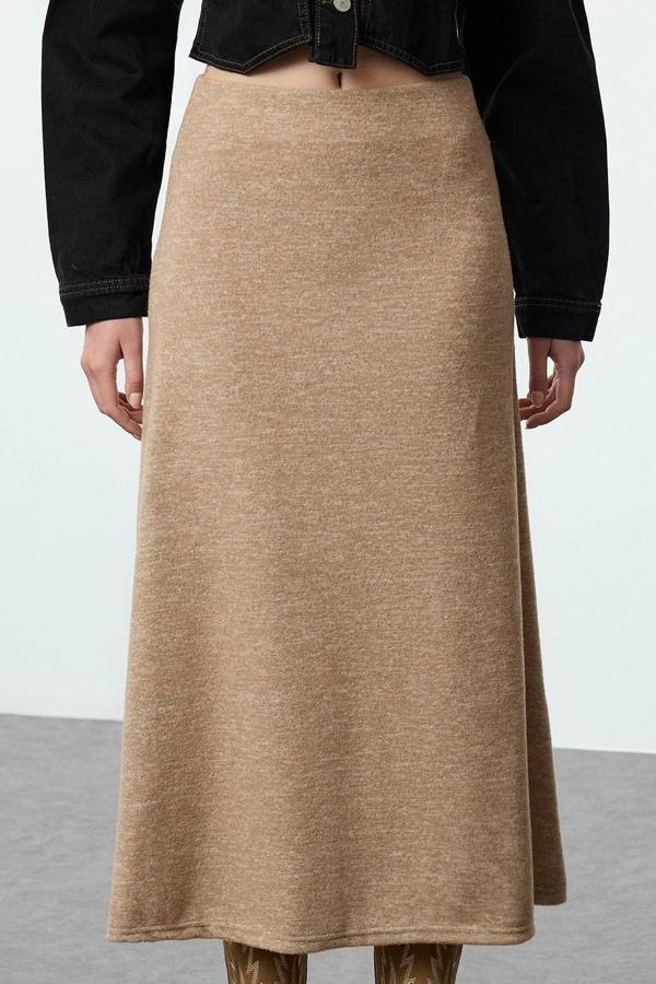 Moda Regular Düz Desen Günlük Maxi Boy Yüksek Bel Kloş Form Yumoş Örme Etek - Image 1