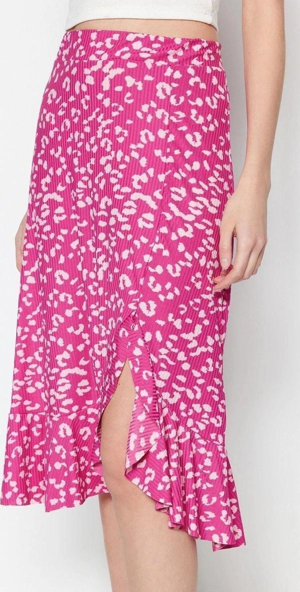 Moda Regular Puantiyeli Günlük Midi Boy Baskılı Büzgü Detaylı ve Volanlı Yüksek Bel Esnek Örme Etek - Image 1