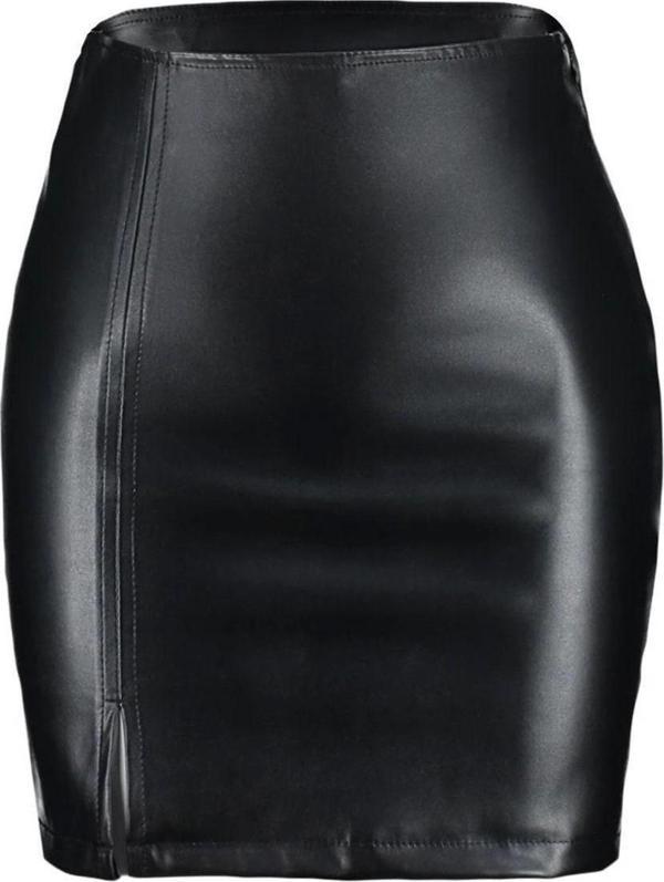 Moda A-line Gündüz Gece Mini Boy Yırtmaç Detaylı Vücuda Oturan Yüksek Bel Suni Deri Mini Etek - Image 1