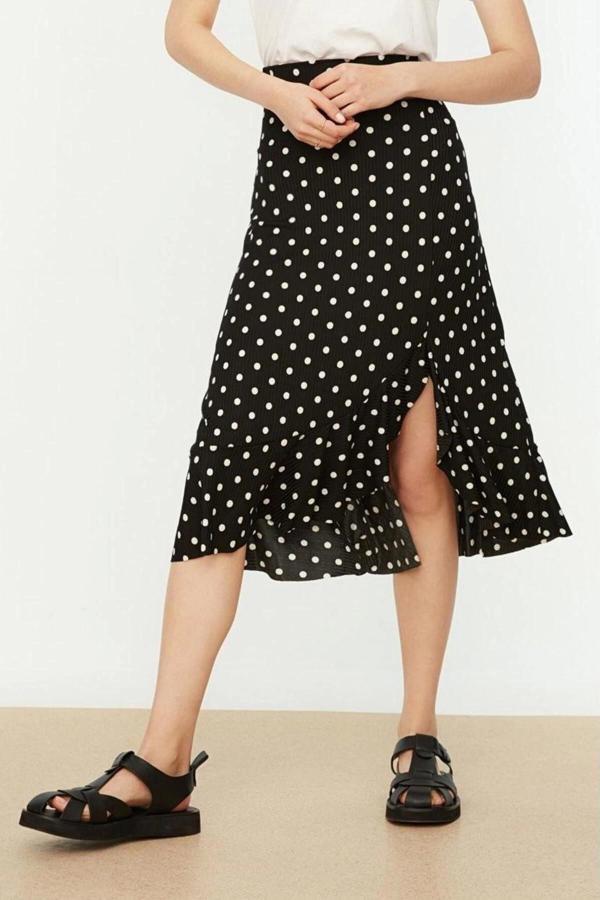 Moda Regular Puantiyeli Günlük Midi Boy Baskılı Büzgü Detaylı ve Volanlı Yüksek Bel Esnek Örme Etek - Image 1