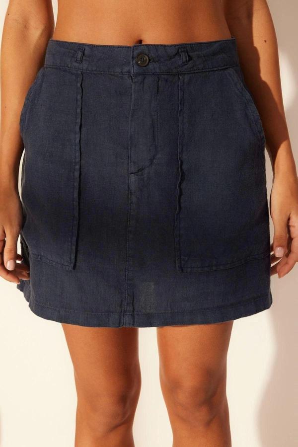 Moda Denim Düz Desen Günlük Mini Boy %100 Keten Cep Detaylı Mini Etek - Image 1