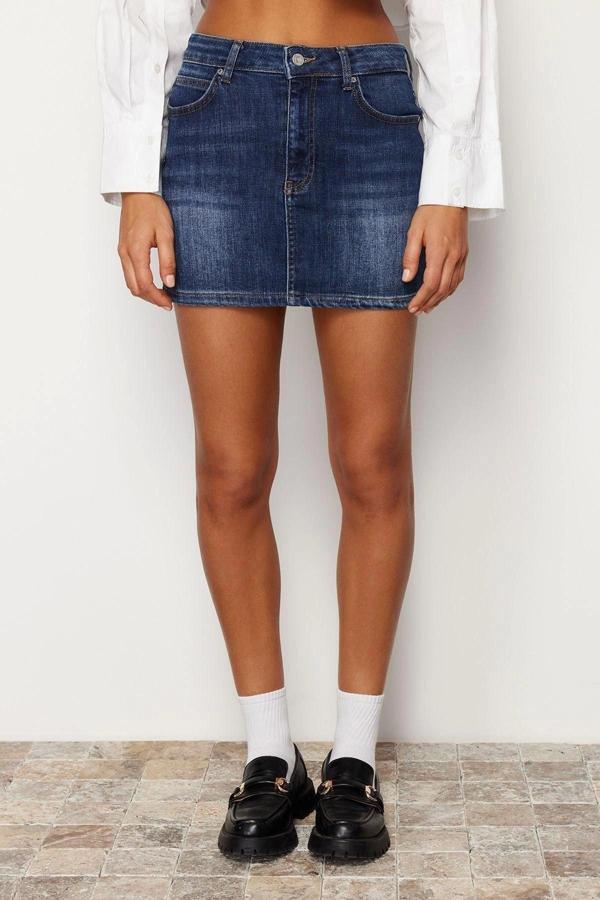 Moda Denim Düz Desen Günlük Mini Boy Düşük Bel Mini Denim Etek - Image 1
