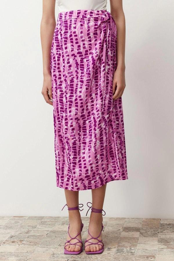 Moda Regular Çiçekli Desen Günlük Midi Boy Kruvaze Viskon Kumaş Midi Boy Dokuma Etek - Image 1