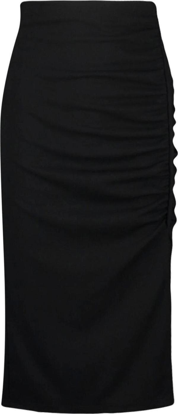 Moda Regular Düz Desen Gündüz Gece Midi Boy Drape ve Yırtmaç Detaylı Krep Kumaş Midi Örme Etek - Image 1