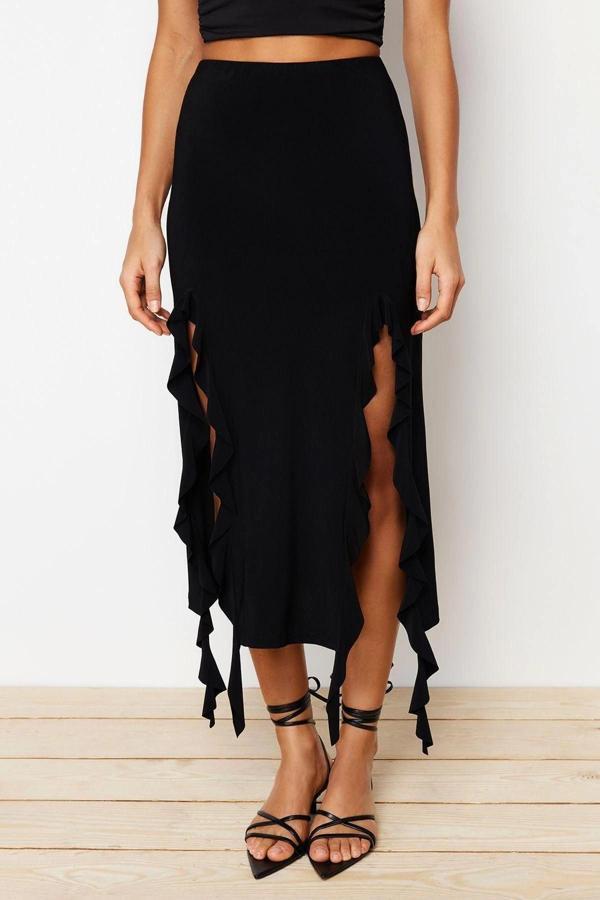 Moda Regular Düz Desen Günlük Midi Boy Yırtmaç ve Fırfır Detaylı Maxi Etek - Image 1