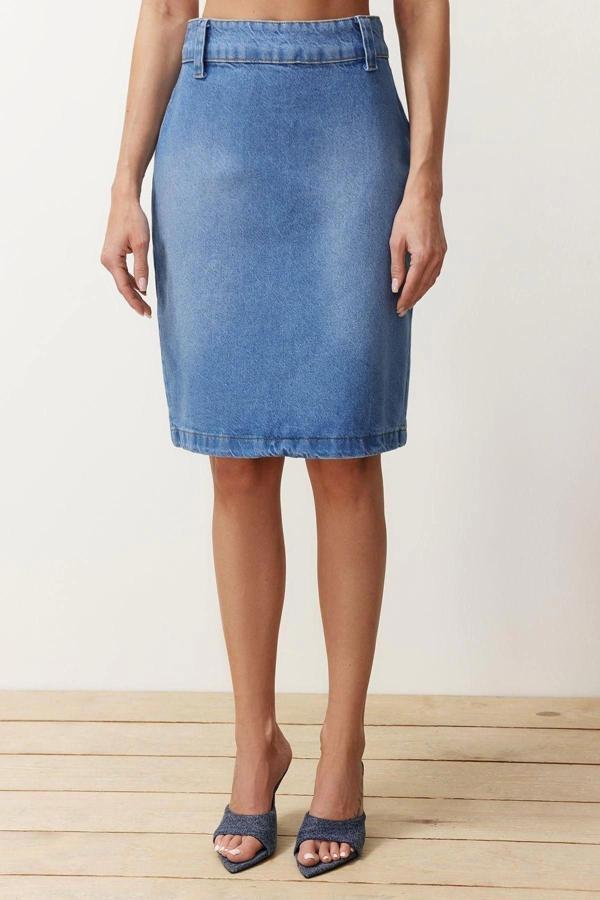 Moda Denim Düz Desen Günlük Midi Boy Yırtmaçlı Midi Denim Etek - Image 1