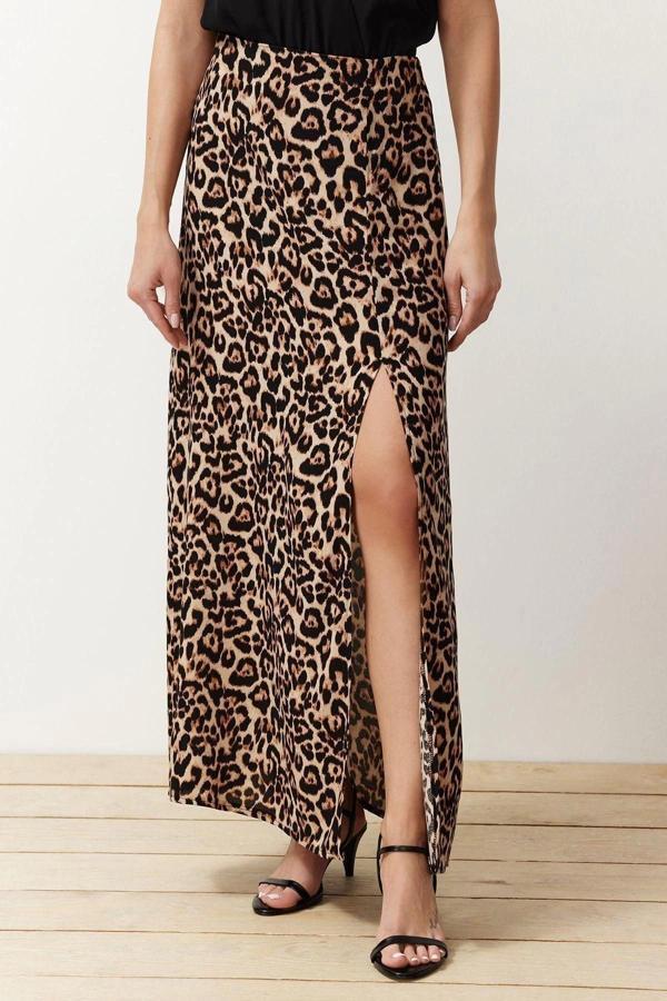 Moda Regular Baskılı Desen Günlük Maxi Boy Leopar Desenli Yırtmaç Detaylı Viskon Kumaş Dokuma Etek - Image 1