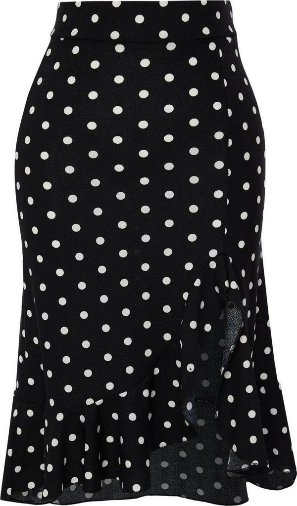 Moda Regular Puantiyeli Desen Günlük Çiçekli Fırfırlı Yırtmaçlı Esnek Midi Örme Etek - Image 1
