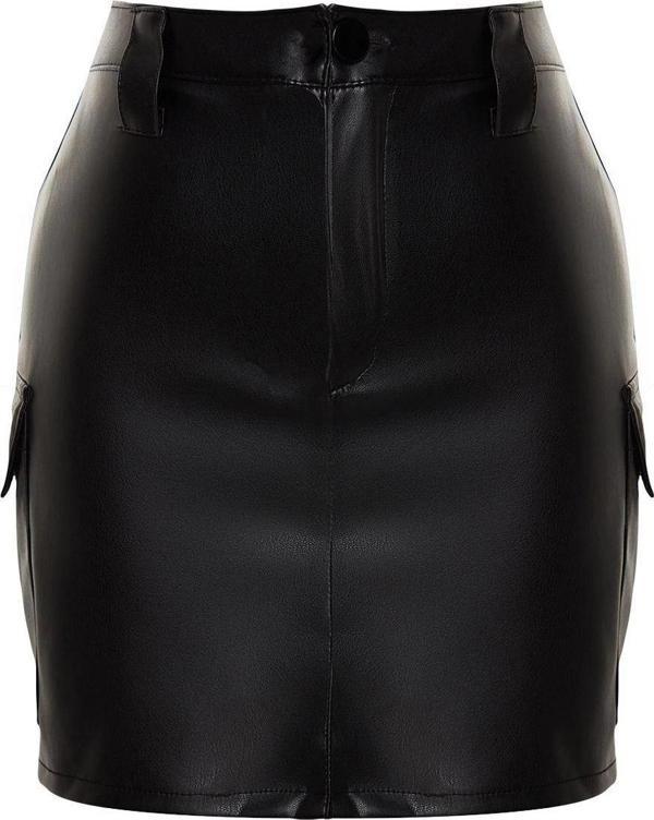 Modern Tarz Astarsız Örme Mini Boy Suni Deri Kargo Cepli Yüksek Bel Vücuda Oturan Mini Etek - Image 1