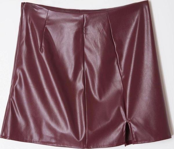 Modern Tarz Astarsız Suni Deri Mini Boy Suni Deri Yırtmaçlı Dokuma Mini Etek - Image 1