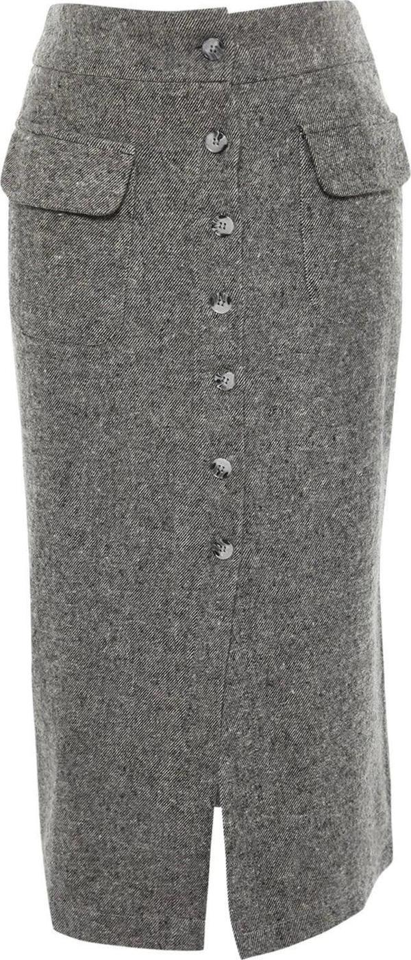 Modern Tarz Astarsız Dokuma Midi Boy Cep Detaylı Düğmeli Kaşe Kumaş Midi Dokuma Etek - Image 1