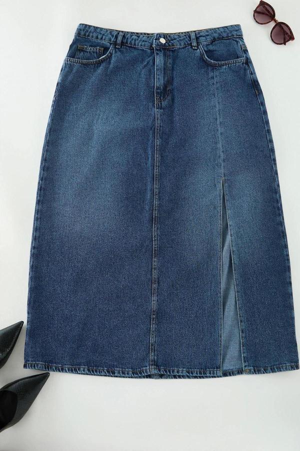 Modern Tarz Büyük Beden Astarsız Denim Midi Boy Yüksek Bel Yırtmaçlı Denim Etek - Image 1