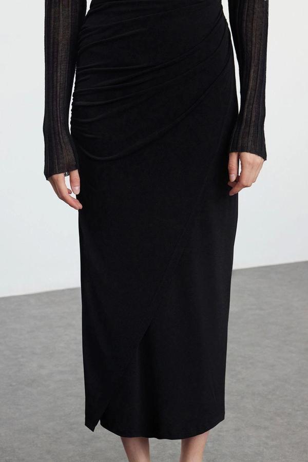 Modern Tarz Astarsız Örme Maxi Boy Büzgü Drape Detaylı Maxi Anvelop Esnek Etek - Image 1