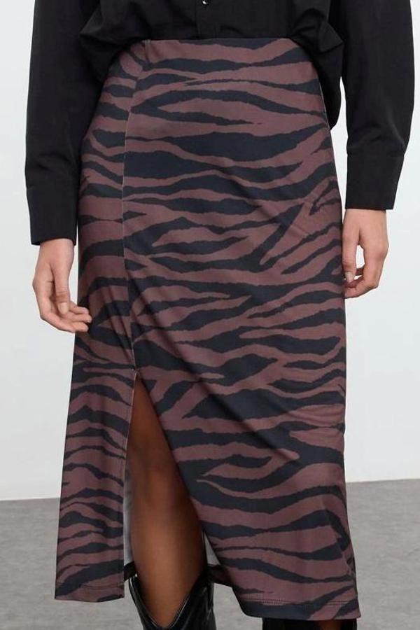 Modern Tarz Astarsız Örme Maxi Boy Animal Baskılı Kalem Esnek Etek - Image 1