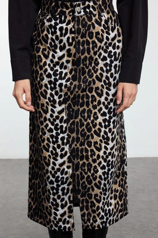 Modern Tarz Astarsız Dokuma Maxi Boy Animal Leopar Desenli Önden Yırtmaçlı Maxi Boy Dokuma Etek - Image 1