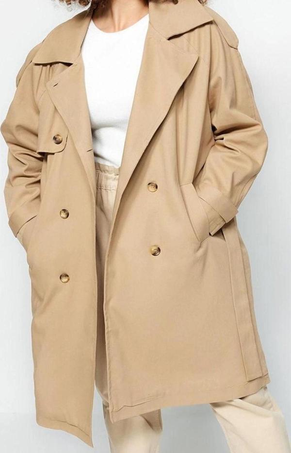Büyük Beden Tasarım Düz Astarlı Yaka Uzun Oversize Ceket Kadın Beli Kemerli Gabardin Trençkot - Image 1