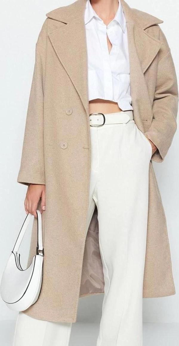 Tasarım Düz Astarlı Yaka Uzun Oversize Ceket Kadın Oversize Geniş Kesim Uzun Yünlü Kaşe Kaban - Image 1