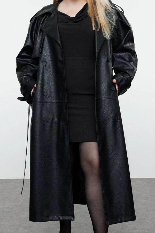 Büyük Beden Tasarım Düz Astarlı Yaka Uzun Oversize Ceket Kadın Fit Maxi Boy Suni Deri Trençkot - Image 1