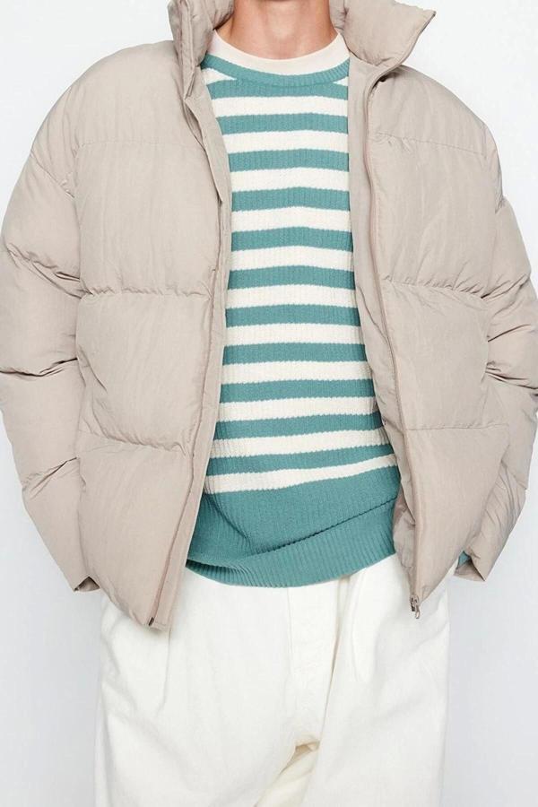 Tasarım Düz Astarlı Yaka Standart Bol Dik Unisex Oversize Fit Dik Yaka Şişme Kışlık Mont - Image 1