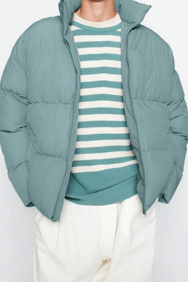 Tasarım Düz Astarlı Yaka Standart Bol Dik Unisex Oversize Fit Dik Yaka Şişme Kışlık Mont - Image 1