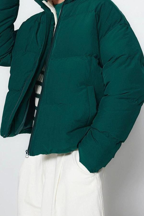 Tasarım Düz Astarlı Yaka Standart Bol Dik Unisex Oversize Fit Dik Yaka Şişme Kışlık Mont - Image 1