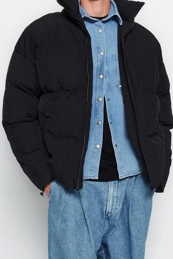 Tasarım Düz Astarlı Yaka Standart Bol Dik Unisex Oversize Fit Dik Yaka Şişme Kışlık Mont - Image 1