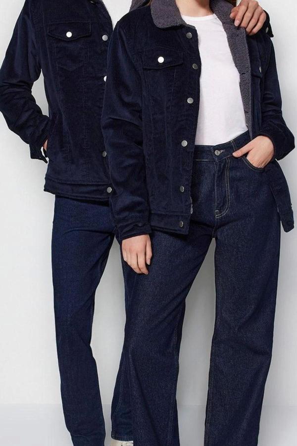 Tasarım Düz Astarlı Yaka Standart Regular Gömlek Unisex Regular Fit Kadife Kışlık Ceket Mont - Image 1