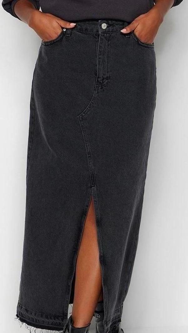 Modern Tarz Astarsız Denim Maxi Boy Yırtmaçlı Maxi Denim Etek - Image 1