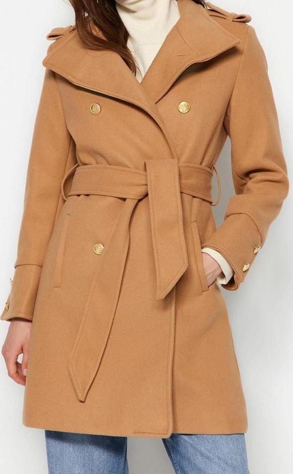 Tasarım Düz Astarlı Yaka Midi Regular Dik Kadın Kuşaklı Düğmeli Yumuşak Dokulu Kaşe Kaban - Image 1