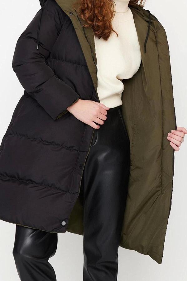 Tasarım Düz Çift Taraflı Yaka Uzun Regular Kapüşonlu Kadın Kapüşonlu Su İtici Şişme Anorak Mont - Image 1