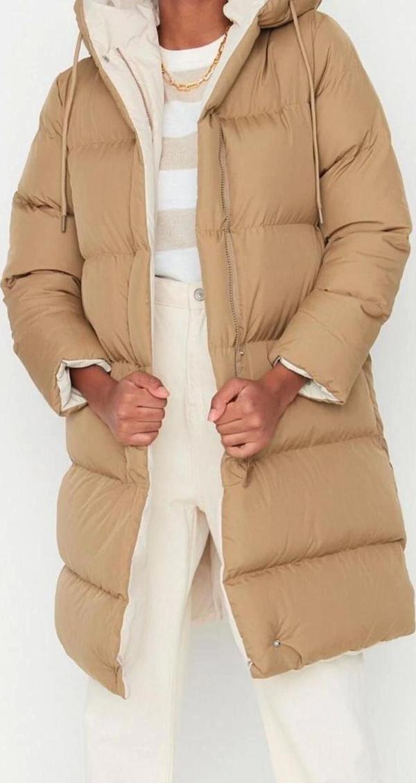 Tasarım Düz Çift Taraflı Yaka Uzun Regular Kapüşonlu Kadın Kapüşonlu Su İtici Şişme Anorak Mont - Image 1