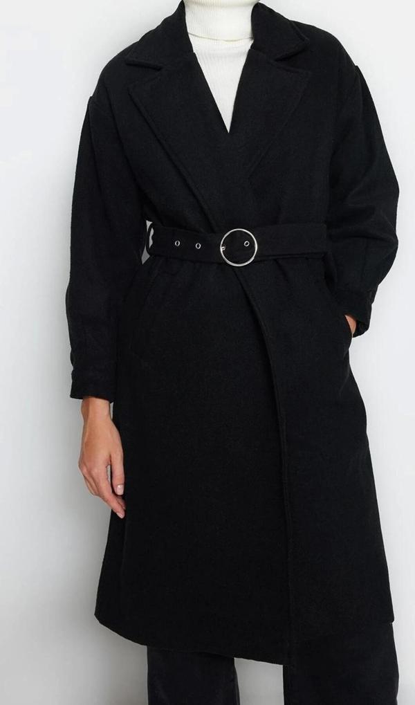 Tasarım Düz Astarlı Yaka Uzun Regular Ceket Kadın Toka Detaylı Kuşaklı Regular Kaban - Image 1