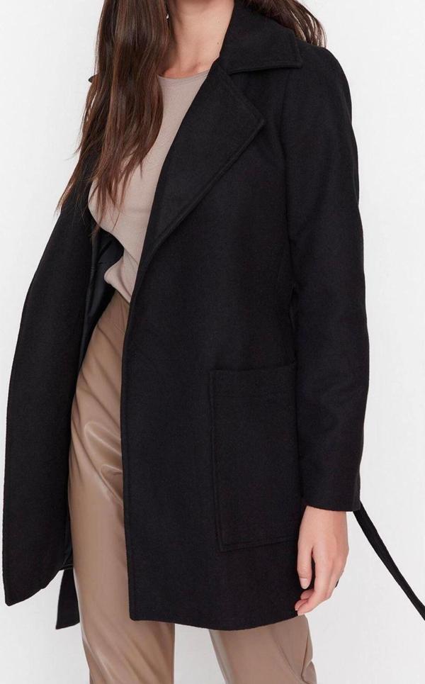 Tasarım Düz Astarlı Yaka Midi Fitted Ceket Kadın Fitted Kuşaklı Yünlü Kaşe Kaban - Image 1