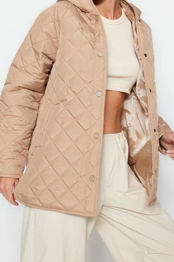 Tasarım Düz Astarlı Yaka Midi Regular Kapüşonlu Kadın Kapüşonlu Su İtici Kapitone Mont - Image 1