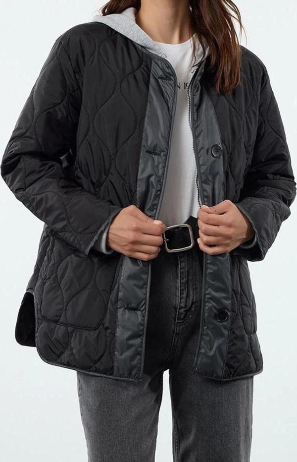 Tasarım Renkli Astarlı Yaka Midi Regular Bisiklet Kadın Oversize Su İtici Kapitone Mont - Image 1