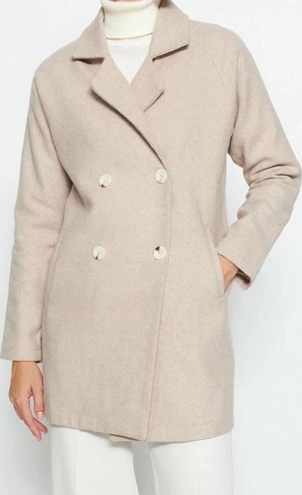 Tasarım Düz Astarlı Yaka Midi Regular Ceket Kadın Yünlü Kaşe Kaban - Image 1